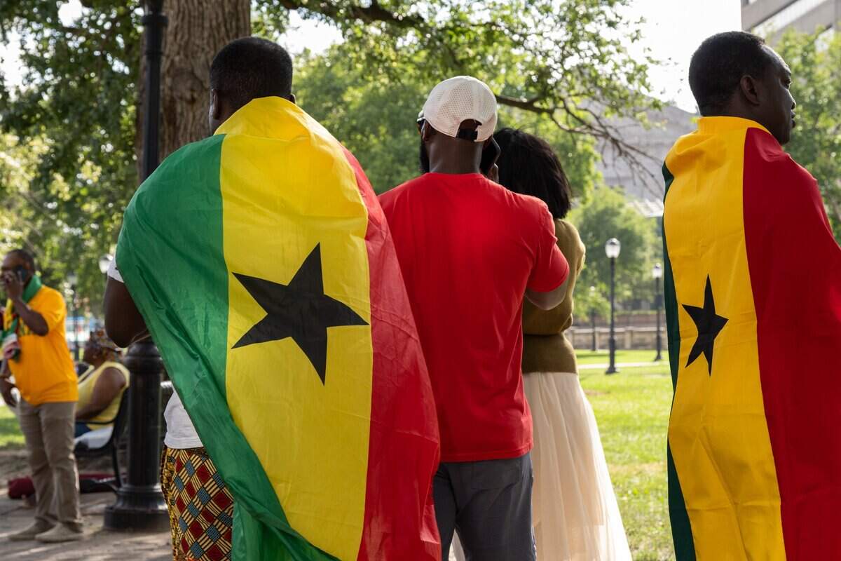 Ghanian fans hold a ‘jama,’ Ghanian for cheer or rally on Thursday, July 2, 2026, the day before the Ghana soccer team faces Colombia in a Round of 32 match in Kansas City.