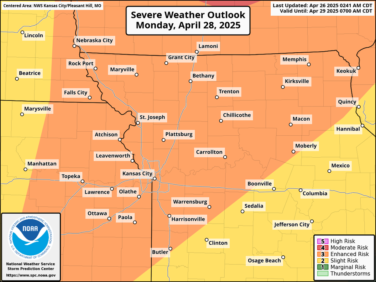 An outbreak of severe weather is expected across the Midwest on Monday. The National Weather Service’s Storm Prediction Center has placed Kansas City and surrounding areas under an enhanced risk of severe weather, the third level on a five-point scale. Large hail, damaging winds, and tornadoes will be possible.