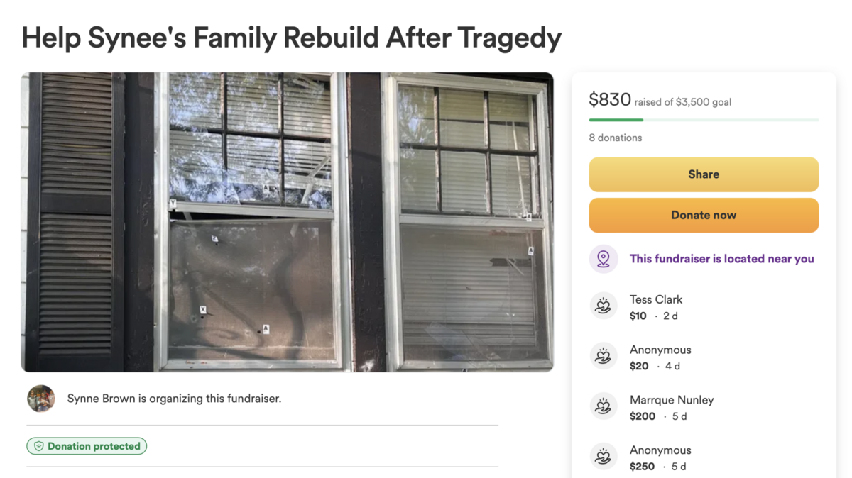Bullet holes litter the exterior of Synee Brown’s Kansas City home, which was struck by a drive-by shooting in the early hours of May 12. Brown is the creator of the GoFundMe for the family.