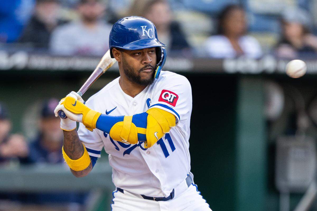 Kansas City Royals third baseman Maikel Garcia stares down a pitch during a game against the Boston Red Sox on Wednesday, May 20, 2026, at Kauffman Stadium.