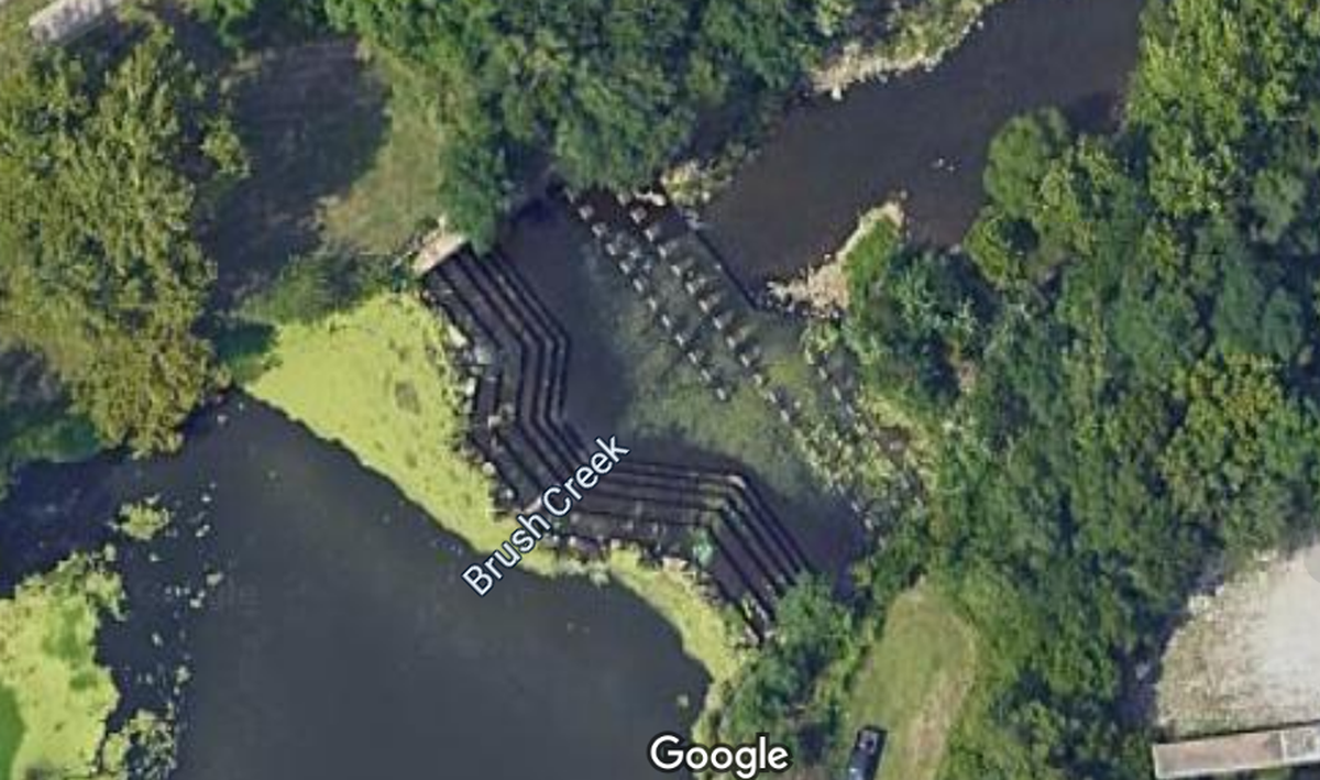 Enshriners Dam, which is located in Brush Creek near Chelsea and Lister avenues on Kansas City’s East Side, is seen in this satellite image from Google Maps.