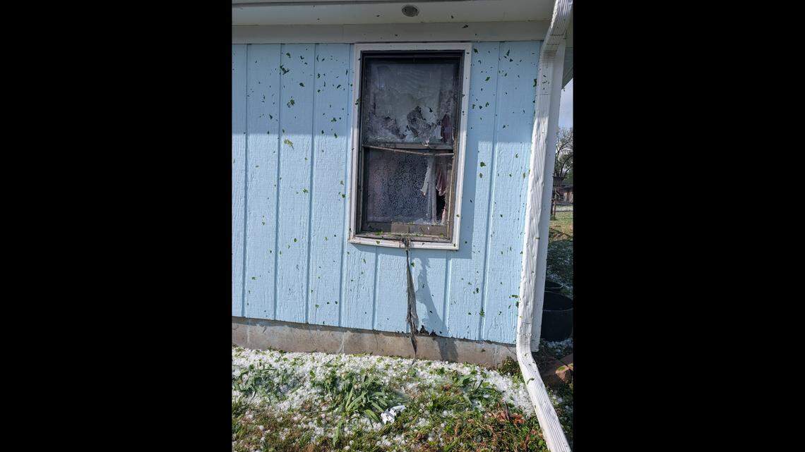 Steven and Dixie Benner’s home in Osawatomie, Kansas, is seen with hail damage from storms on Wednesday, April 15, 2026.
