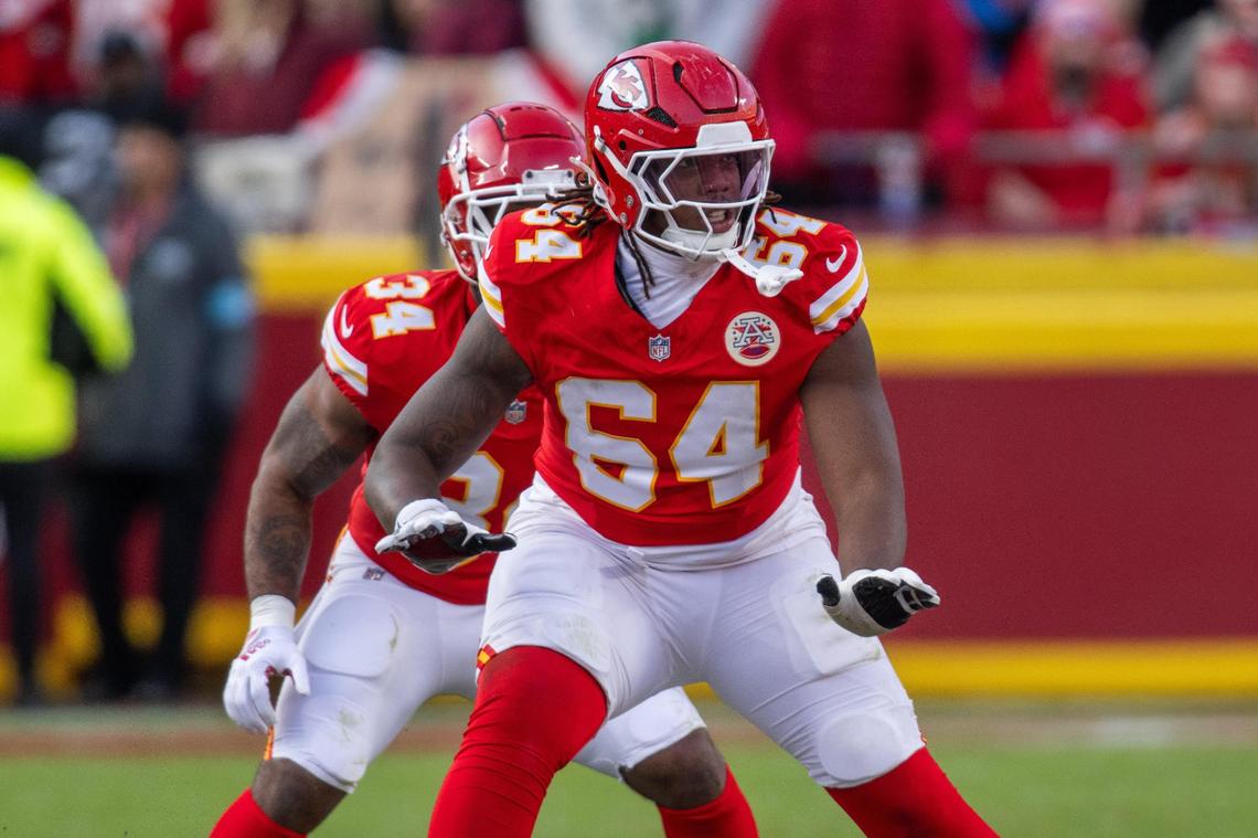 Kansas City Chiefs offensive tackle Wanya Morris backpedals into pass coverage in the first half of the Chiefs game vs. the Las Vegas Raiders on Friday, Nov. 29, 2024, at GEHA Field at Arrowhead Stadium.