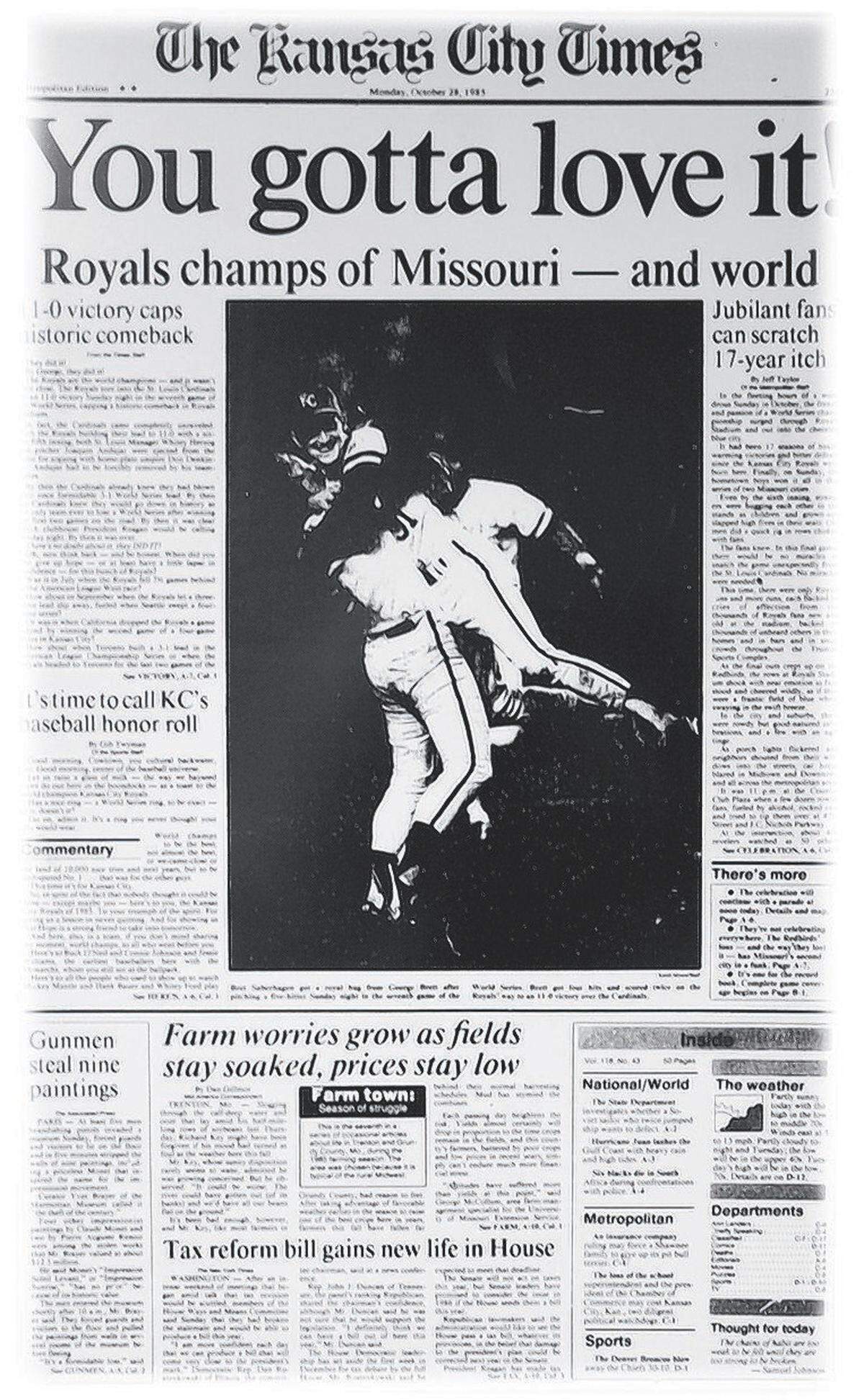 The front page of the Kansas City Times the day after the Royals won the 1985 World Series.