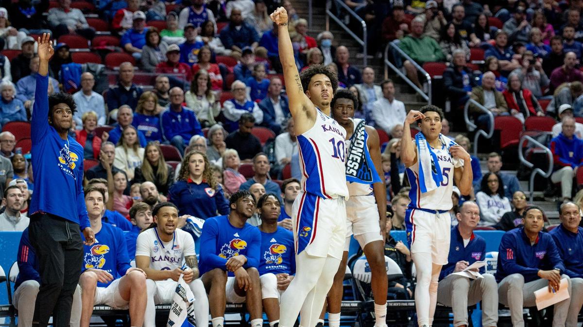Kansas forward Jalen Wilson (10) watches a three-point attempt during a first-round game against Howard in the NCAA Tournament Thursday, March 16, 2023, in Des Moines, Iowa.