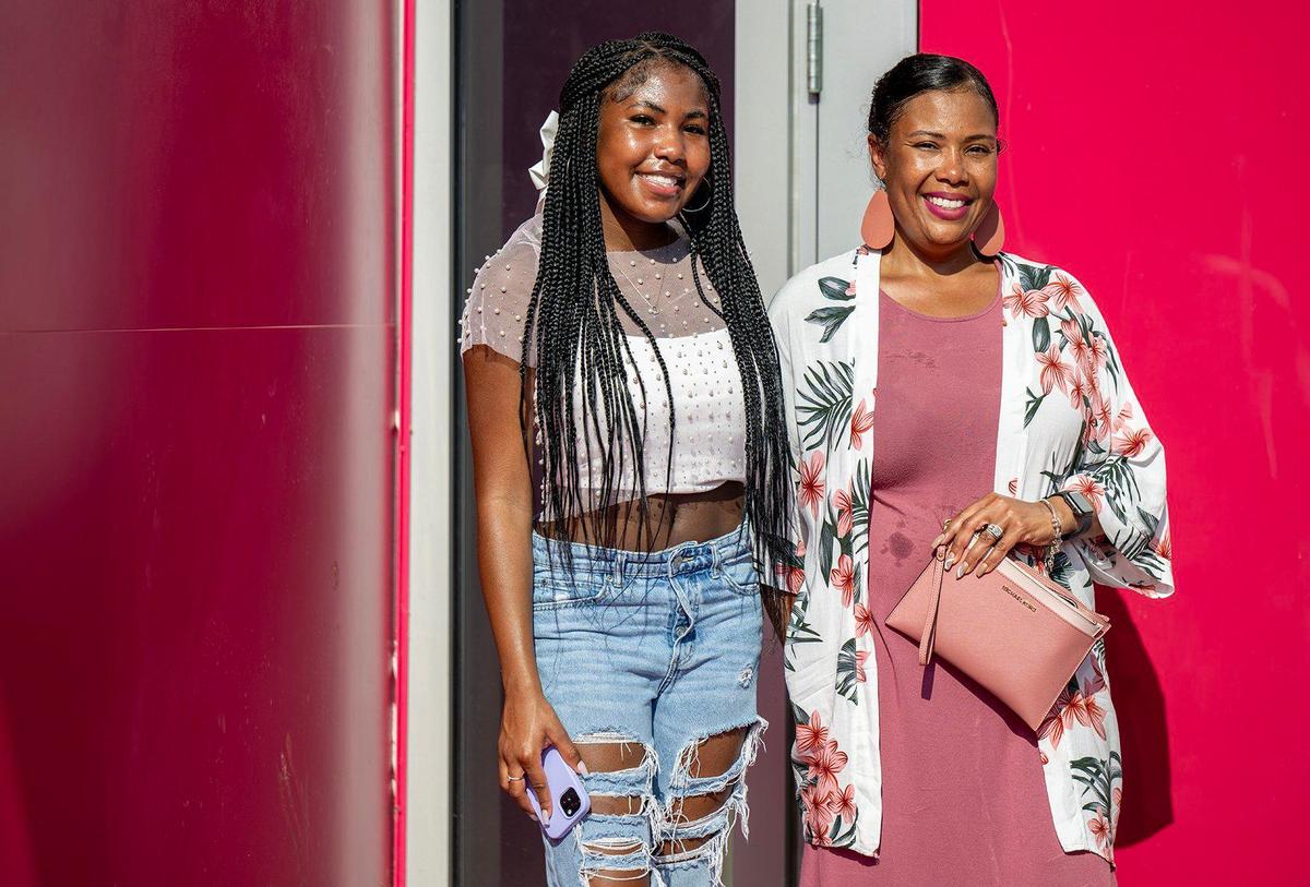 Hailey Watson, 16, left, a student at Staley High School, was first in line with her mother, Precious Marshall, a KCPD employee, for the Jhené Aiko concert at the T-Mobile Center on Monday, Aug. 19, 2024, in Kansas City.