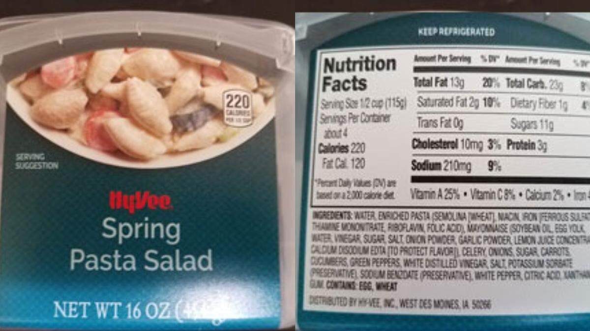The Centers for Disease Control and Prevention announced this week that Hy-Vee has recalled pasta salad sold in eight states, including Kansas and Missouri, after 21 people who ate it became sick with salmonella bacteria infections. Consumers are warned to return the pasta salad or throw it away.