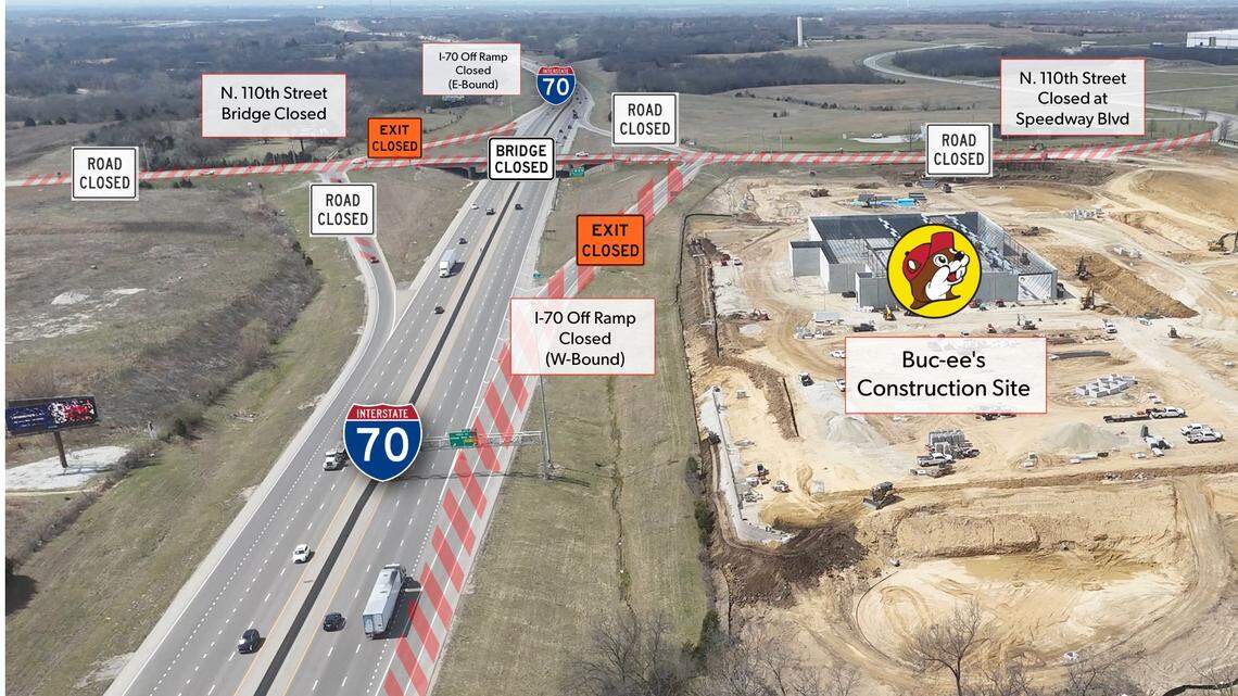 A map shows the roads and ramps closed due to the construction of the Kansas City, Kansas Buc-ees.