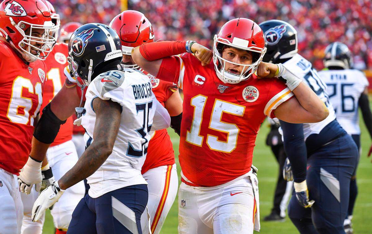 Kansas City Chiefs quarterback Patrick Mahomes celebrated his 27-yard touchdown run late in the second quarter against the Tennessee Titans during the AFC championship game Sunday, January 19, 2020, at Arrowhead Stadium in Kansas City, Missouri.