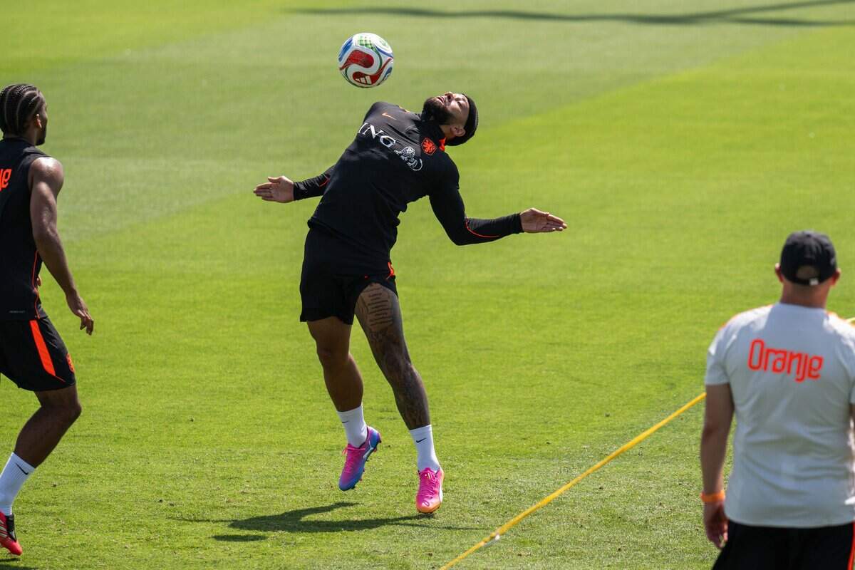 Memphis Depay of the Netherlands takes a ball off his chest during open practice on Wednesday, June 10, 2026, in Riverside. The Dutch national team will train between matches at the Kansas City Current training facility.