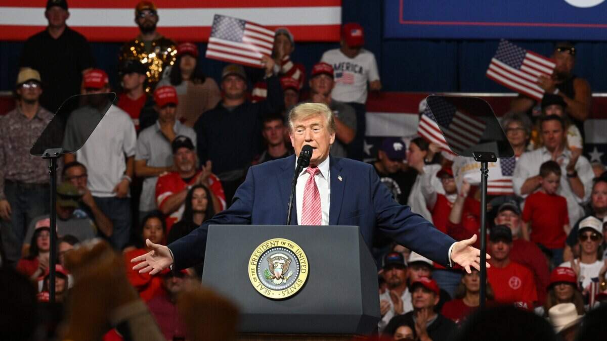 President Trump delivers his remarks at his rally at the Heartland Credit Union Arena in Park City, Kansas, on Monday, Oct. 19, 2026.
