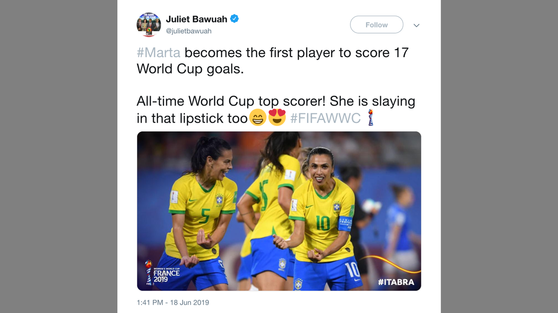 Brazil’s Marta and her lipstick get Twitter love after record-setting World Cup goal