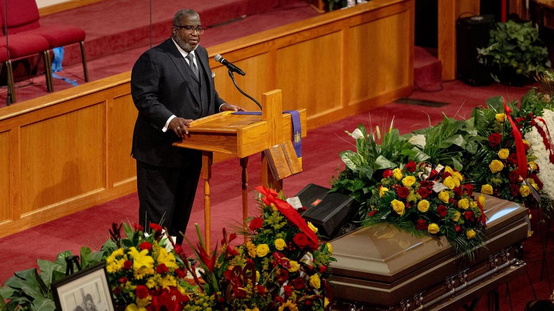 Friendship Baptist Church pastor James Terrance, Jr. speaks during a funeral for former Chiefs wide receiver Otis Taylor on Wednesday. Taylor played from 1965-75 and was inducted into the Chiefs Hall of Fame in 1982.