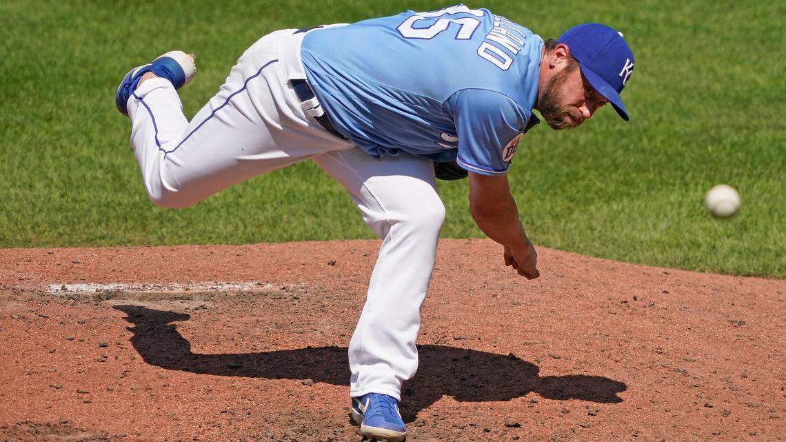 Kansas City Royals relief pitcher Greg Holland throws during the seventh inning of a baseball game against the Chicago White Sox Sunday, Aug. 2, 2020, in Kansas City, Mo. (AP Photo/Charlie Riedel)