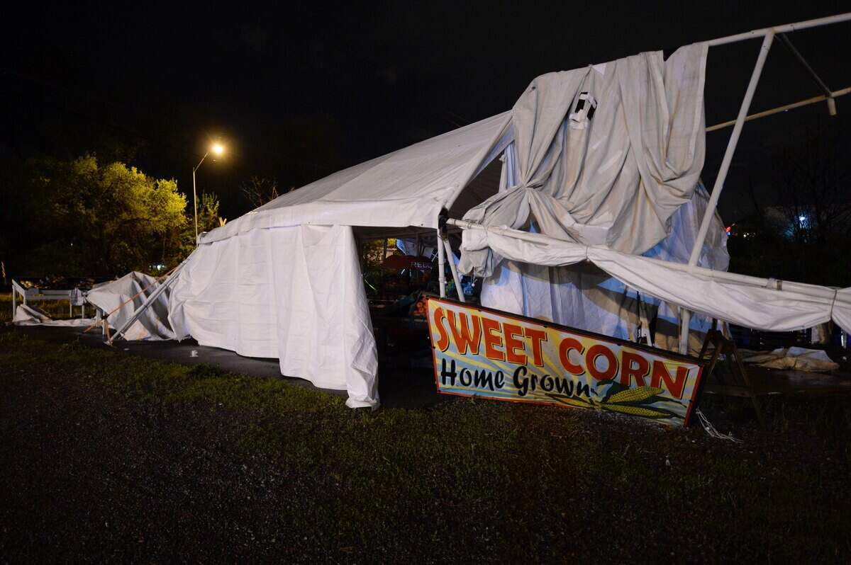 A fruit stand was destroyed at Blue Ridge Boulevard and Holmes Road as strong winds from severe storms swept through the Kansas City area Wednesday night, May, 2, 2018.