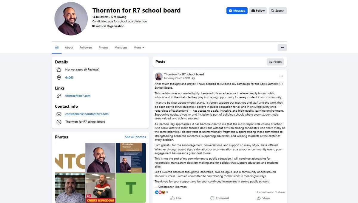 Christopher Thornton, a candidate for Lee’s Summit School Board, said he was suspending his campaign.