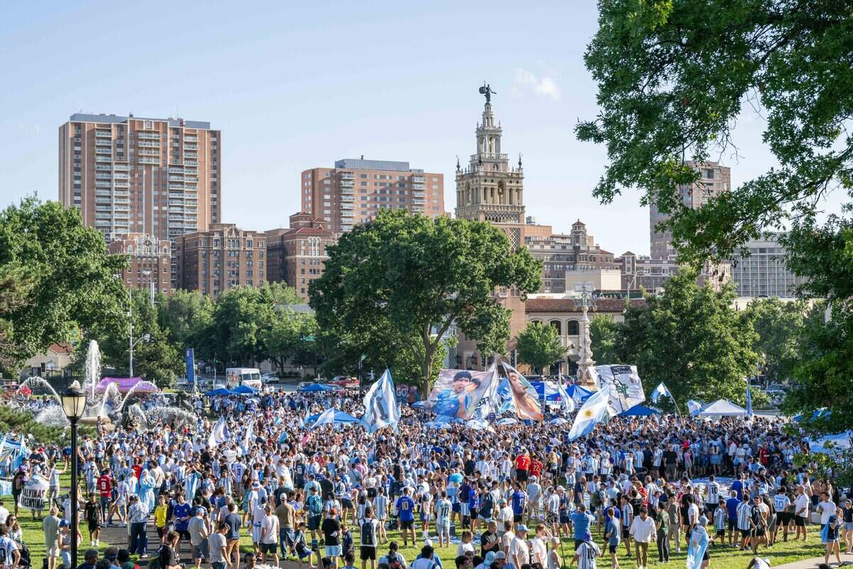 Argentina fans rally at Mill Creek Park on Friday, June 10, 2026. Argentina and superstar Lionel Messi will face Switzerland at Kansas City Stadium on Saturday for a chance to advance to the semifinals of the World Cup.