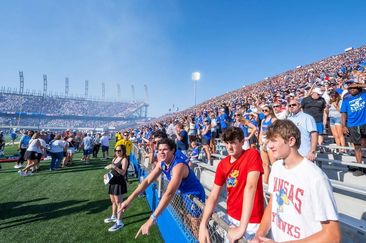 Fans in the student section inside David Booth Kansas Memorial Stadium prior to the Jayhawks game vs. the Fresno State Bulldogs on Saturday, Aug. 23, 2025, in Lawrence.