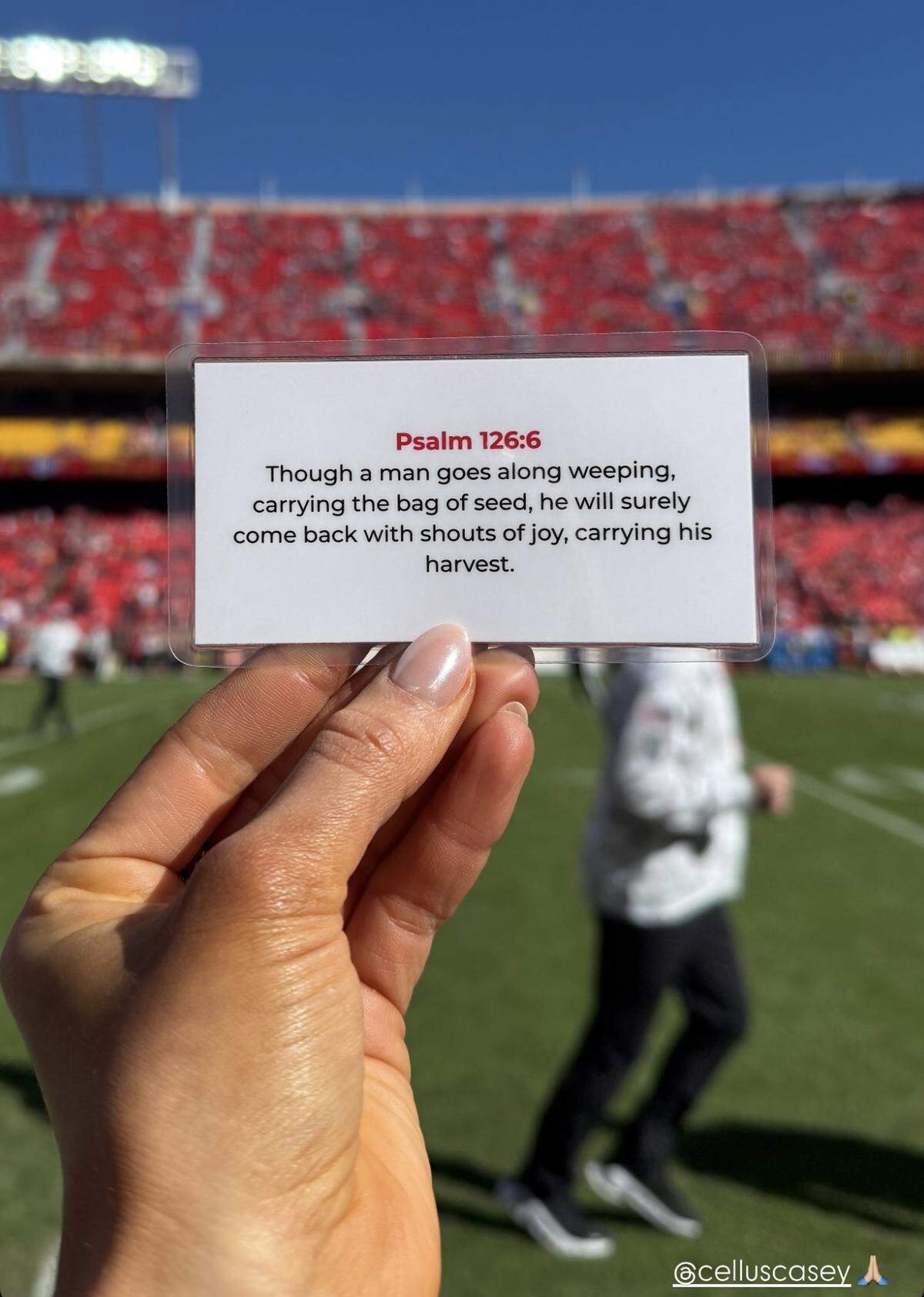 Before every game, Gracie Hunt shares the prayer cards team chaplain Marcellus Casey hands out. This was the card players received before Sunday’s game against Denver.
