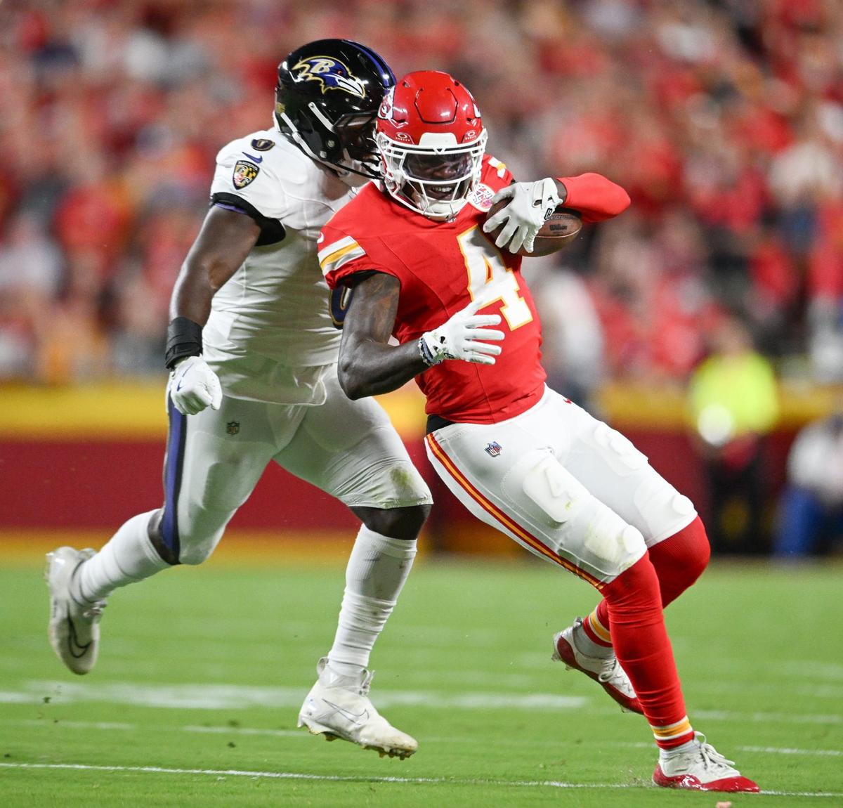 Kansas City Chiefs wide receiver Rashee Rice makes yardage after a reception in the first quarter against the Baltimore Ravens Thursday, Sept. 5, 2024, at GEHA Field at Arrowhead Stadium.