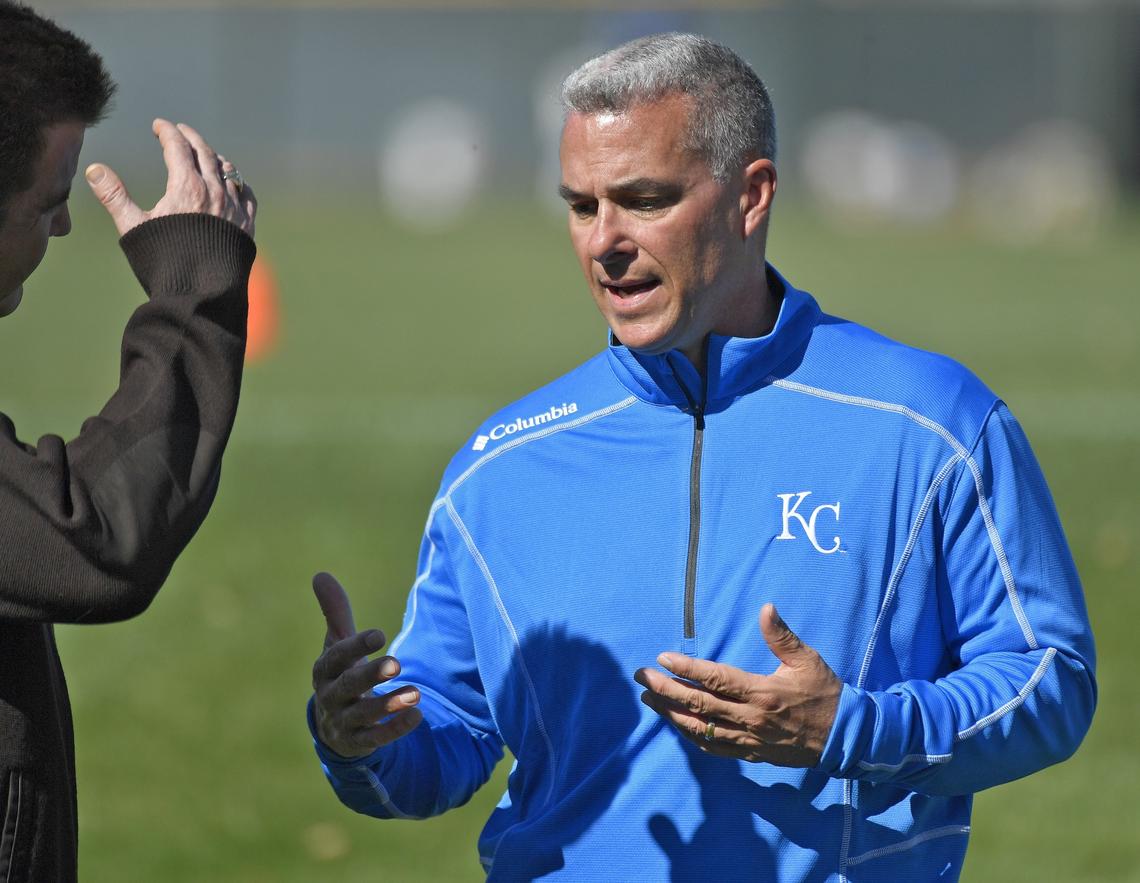 Kansas City Royals general manager Dayton Moore talks during a spring training workout on March 3, 2018 in Surprise, Arizona.
