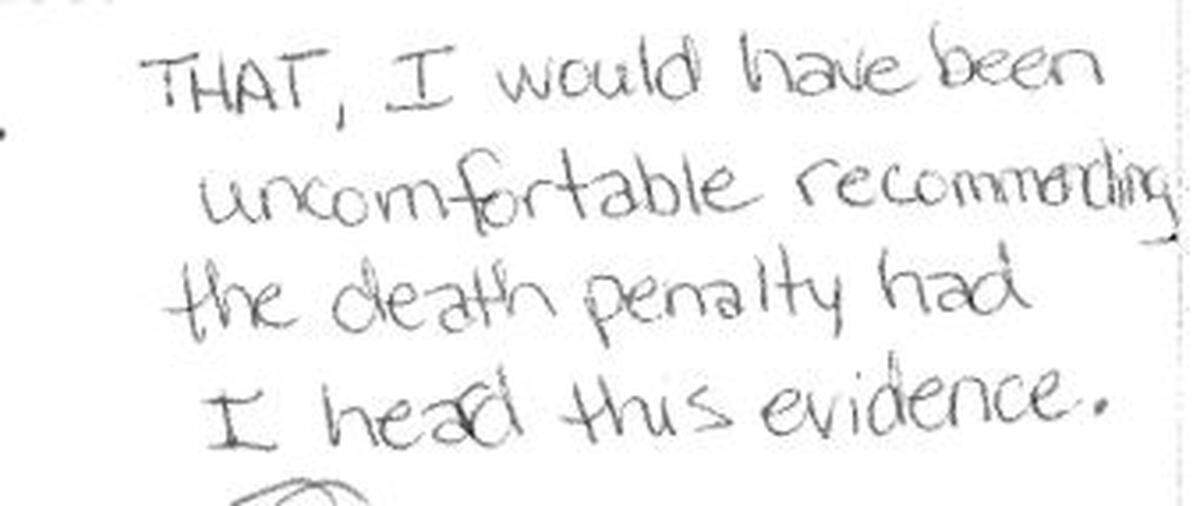 Language that was written into an affidavit signed by the foreman of the jury that voted to convict Walter Barton of murder. 