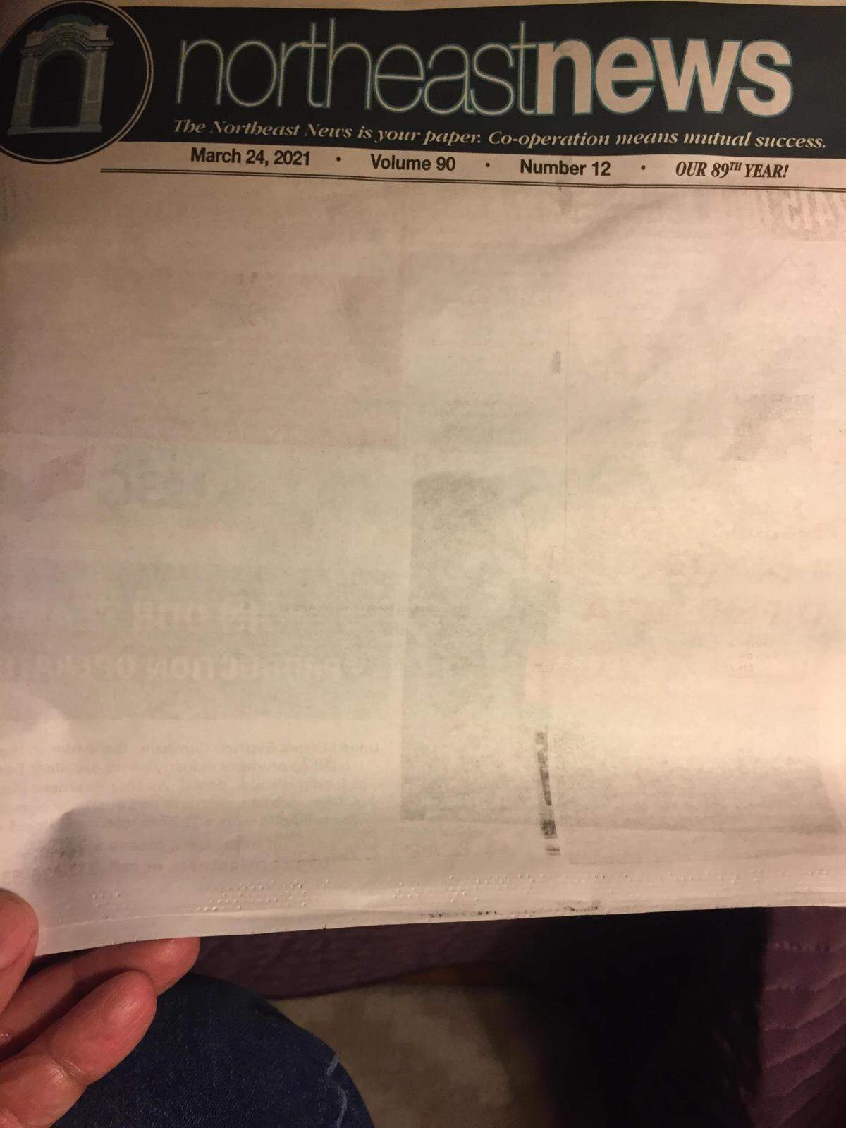 The hyper-local weekly newspaper The Northeast News in Kansas City, Missouri, ran a blank front page this week in attempt to draw advertiser and subscriber support.