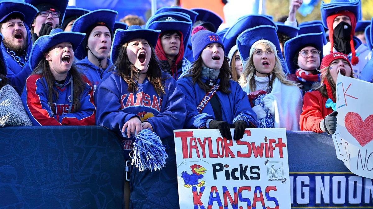 Before the Oklahoma-Kansas game in Lawrence on Saturday, Oct. 28, 2023, Kansas fans turned out to watch the Fox Big Noon Kickoff pregame show broadcast from the hill on the Lawrence campus.