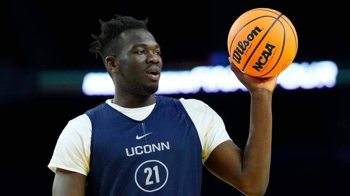 Connecticut Huskies forward Adama Sanogo (21) during a practice session the day before the Final Four of the 2023 NCAA Tournament at NRG Stadium in Houston on March 31, 2023.