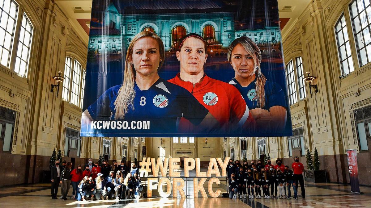 Kansas City’s National Women’s Soccer League team returned home after two weeks of training camp in Orlando. The team was welcomed at Union Station with a large banner and a lighted sign Monday, March 8, 2021.