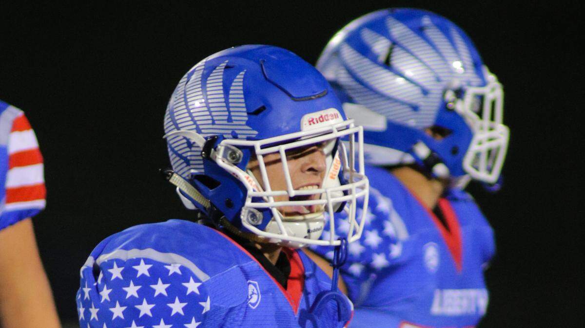 Alek Rottjakb of Liberty celebrates after making a 48-yard field goal with just over a minute left to go in the fourth quarter to put the Blue Jays up, 38-35, over Lee’s Summit North in Friday night’s game at Liberty. The field goal stood as the game-winner as Liberty moved on to 3-0 on the season.