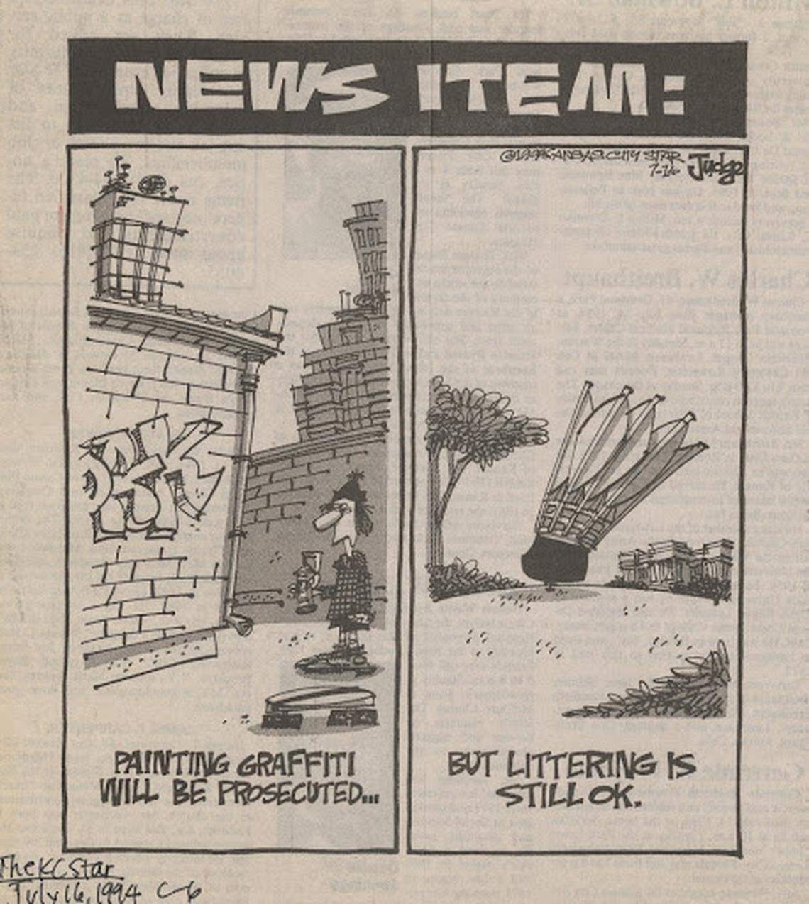A cartoon in The Kansas City Star pokes fun at the Shuttlecocks shortly after their construction in KC.