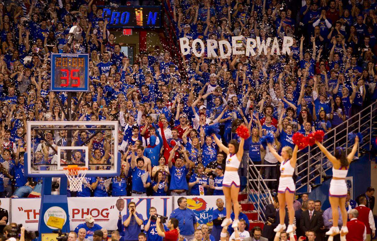 The Kansas Jayhawks crowd was raucous at the start of the game against the Missouri Tigers on Feb. 25, 2012, at Allen Fieldhouse in Lawrence. KU won 87-86 in overtime.