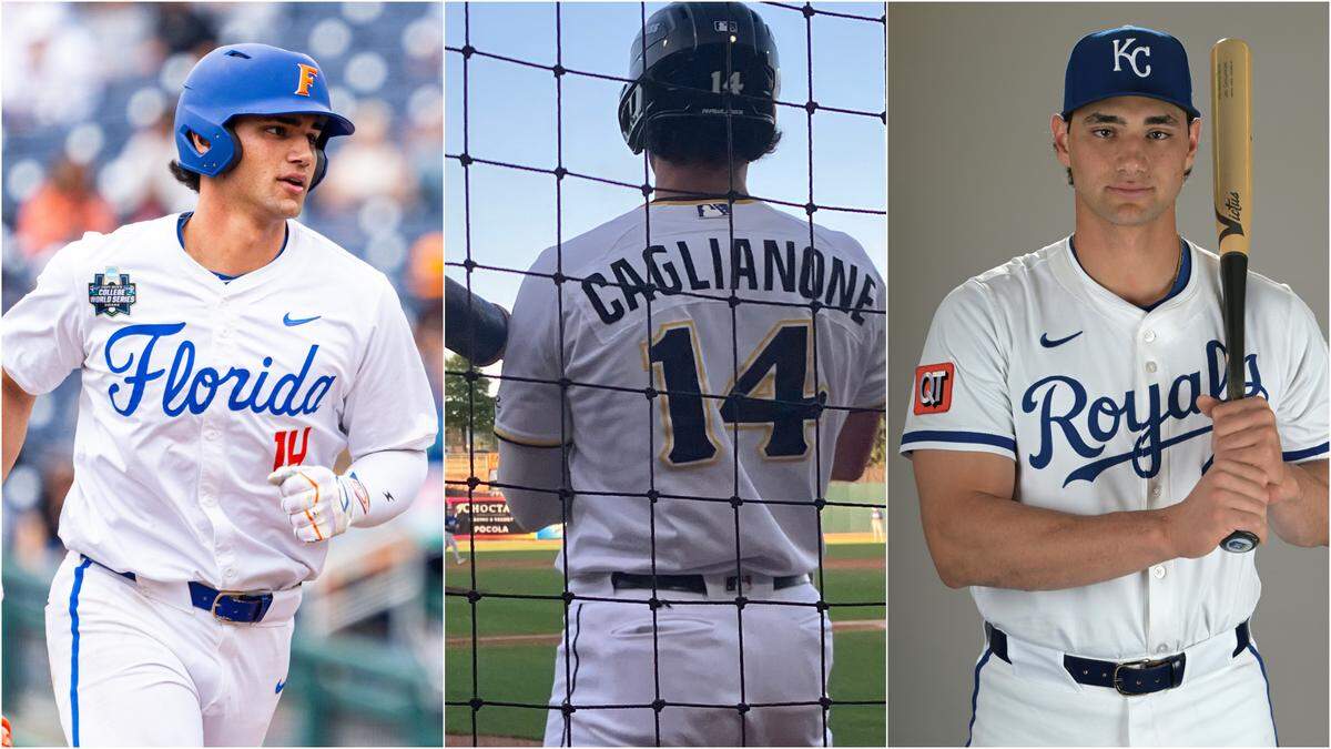 Jac Caglianone’s journey from Florida (left) to the Kansas City Royals included stops at Double-A Northwest Arkansas (middle) and Triple-A Omaha.