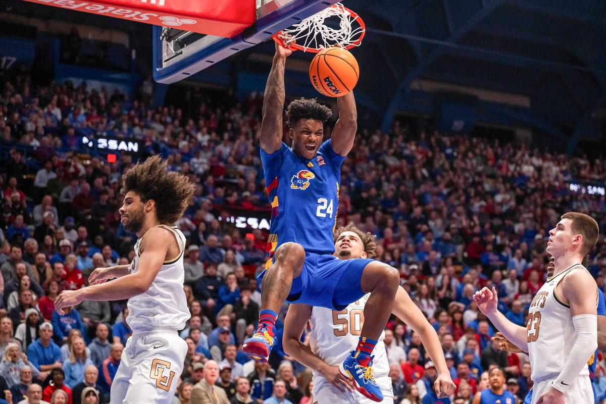 Willams captured Kansas Jayhawks forward KJ Adams making a massive slam in first half of the Jayhawks game vs. the Colorado Buffaloes on Feb. 11, 2025, at Allen Fieldhouse.