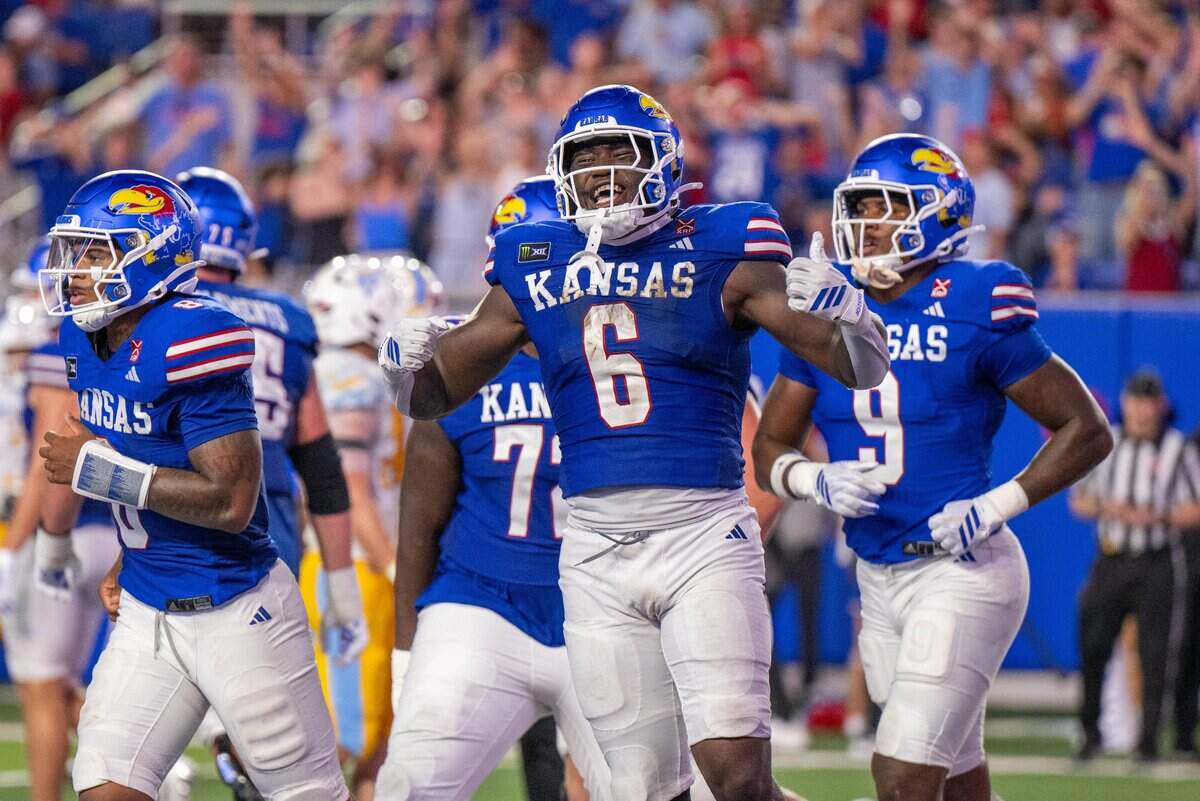Kansas Jayhawks running back Yasin Willis (6) celebrates after scoring his second touchdown of the game in the Jayhawks game vs. Long Island University Sharks at David Booth Memorial Stadium on Friday, September 4, 2026, in Lawrence.