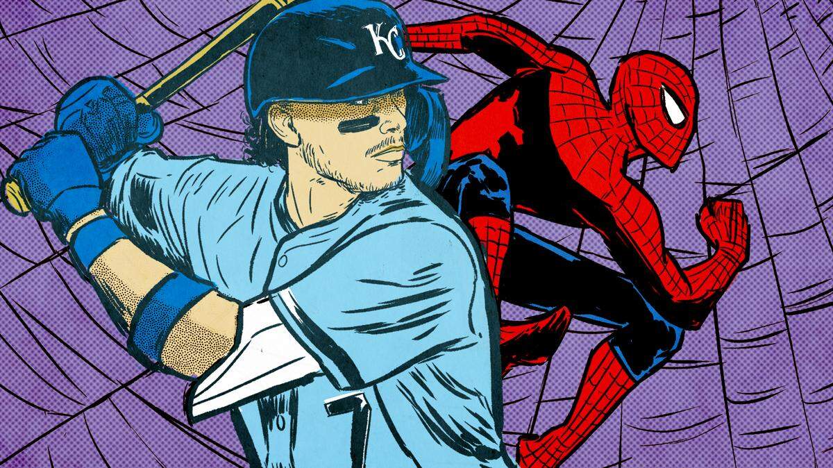 Illustration of Bobby Witt Jr. with his favorite superhero, Spider-Man.