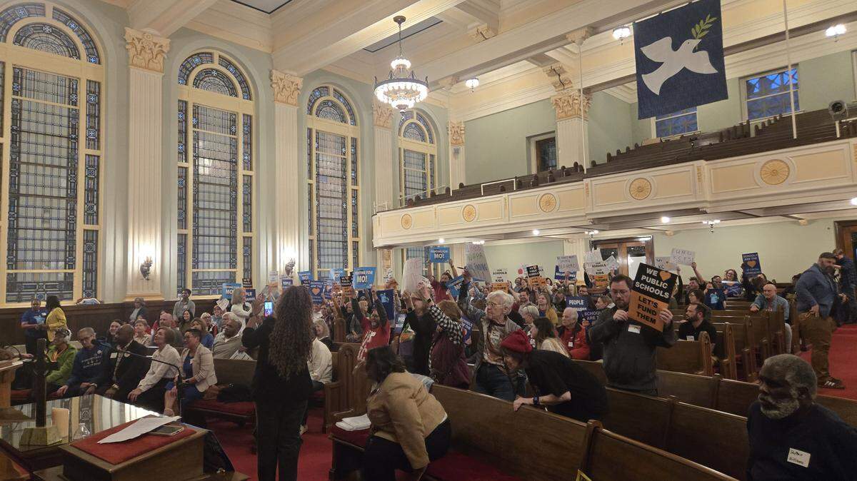 About 200 people gathered at the Central Presbyterian Church in Kansas City in opposition to a plan to replace the state’s individual income taxes.