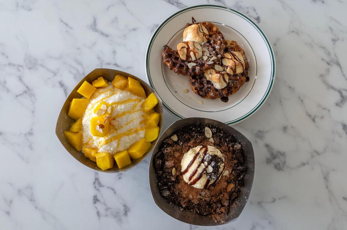 Mango bingsu, Oreo bingsu and s’mores croffle is served at at Leafy Korean Dessert Cafe.