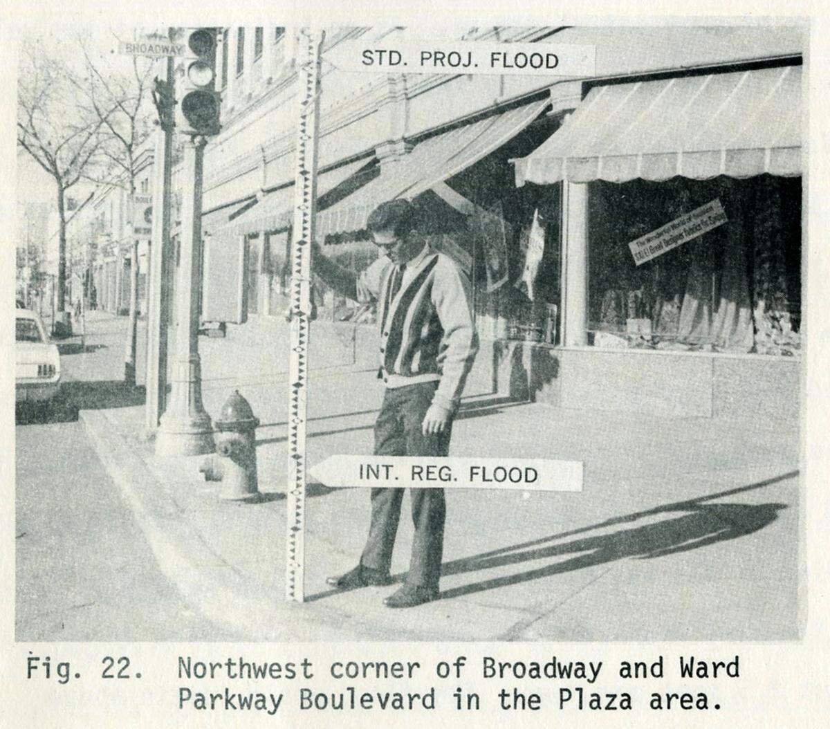 Image from a 1970 U.S. Corps of Engineers report showing projected flood levels for Brush Creek. KANSAS CITY PUBLIC LIBRARY