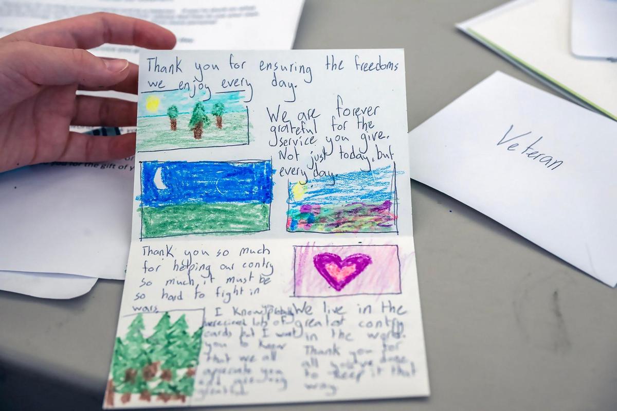 Thank you cards and cards of encouragement for veterans, students and neighbors facing food insecurity were written by volunteers during the YMCA MLK Day of Service on Monday, Jan. 20, 2025, at the Cleaver Family YMCA in Kansas City.