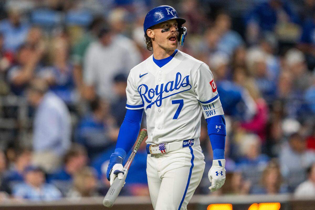 Kansas City Royals shortstop Bobby Witt Jr. walks off the field after striking out against the Boston Red Sox on Wednesday, May 20, 2026, at Kauffman Stadium.