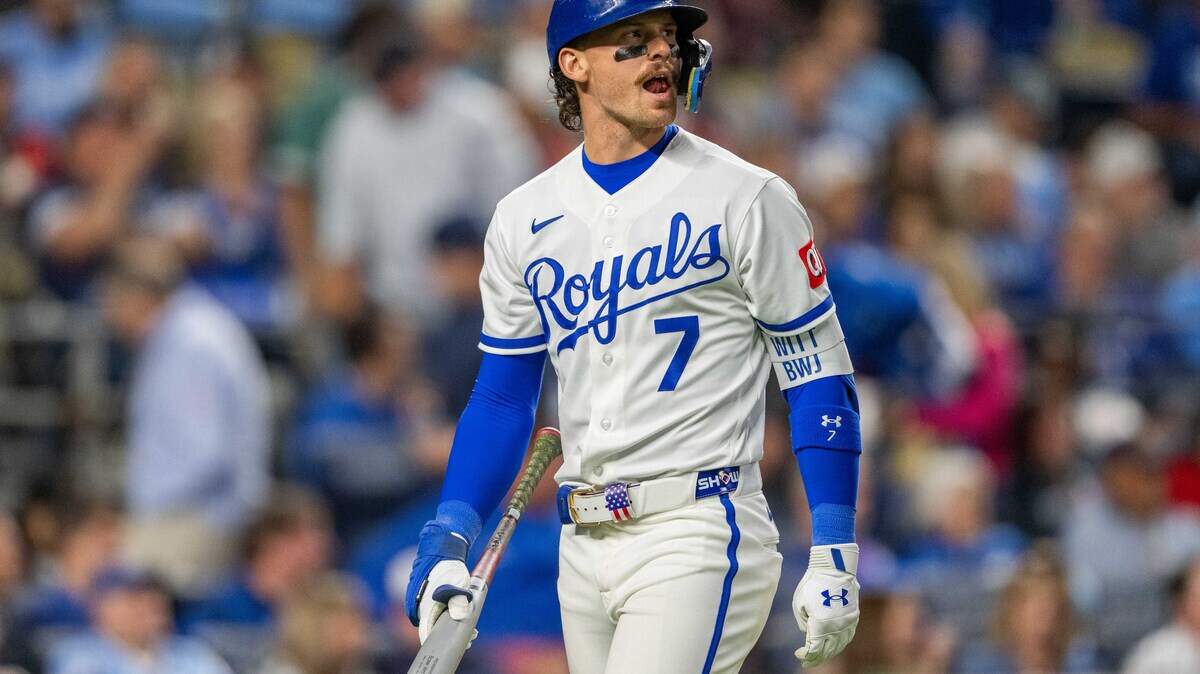 Kansas City Royals shortstop Bobby Witt Jr. walks off the field after striking out against the Boston Red Sox on Wednesday, May 20, 2026, at Kauffman Stadium.