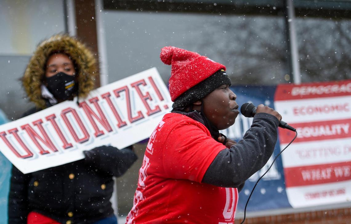 Fran Marion, a fast-food worker from Kansas City, speaks to the crowd during a Stand Up KC rally and car caravan through the McDonald’s parking lot at 3051 Van Brunt Blvd., as workers seek a $15 minimum wage and unionization.