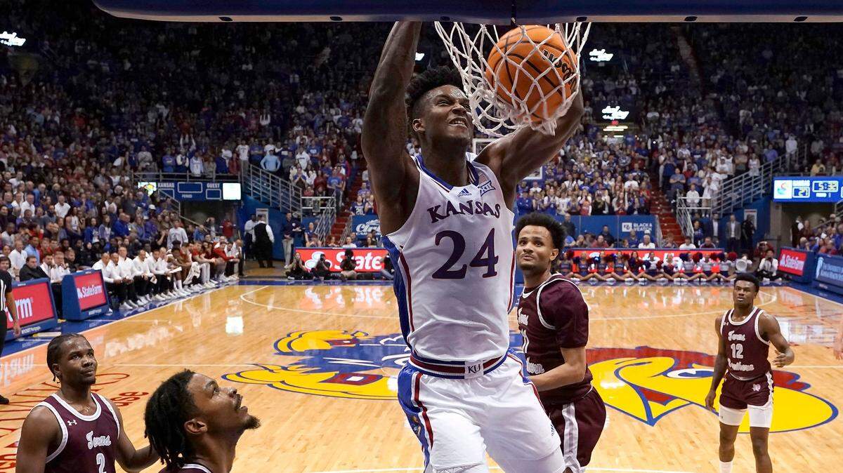 Kansas forward K.J. Adams dunks the ball during the first half against Texas Southern on Nov. 28, 2022, in Lawrence.