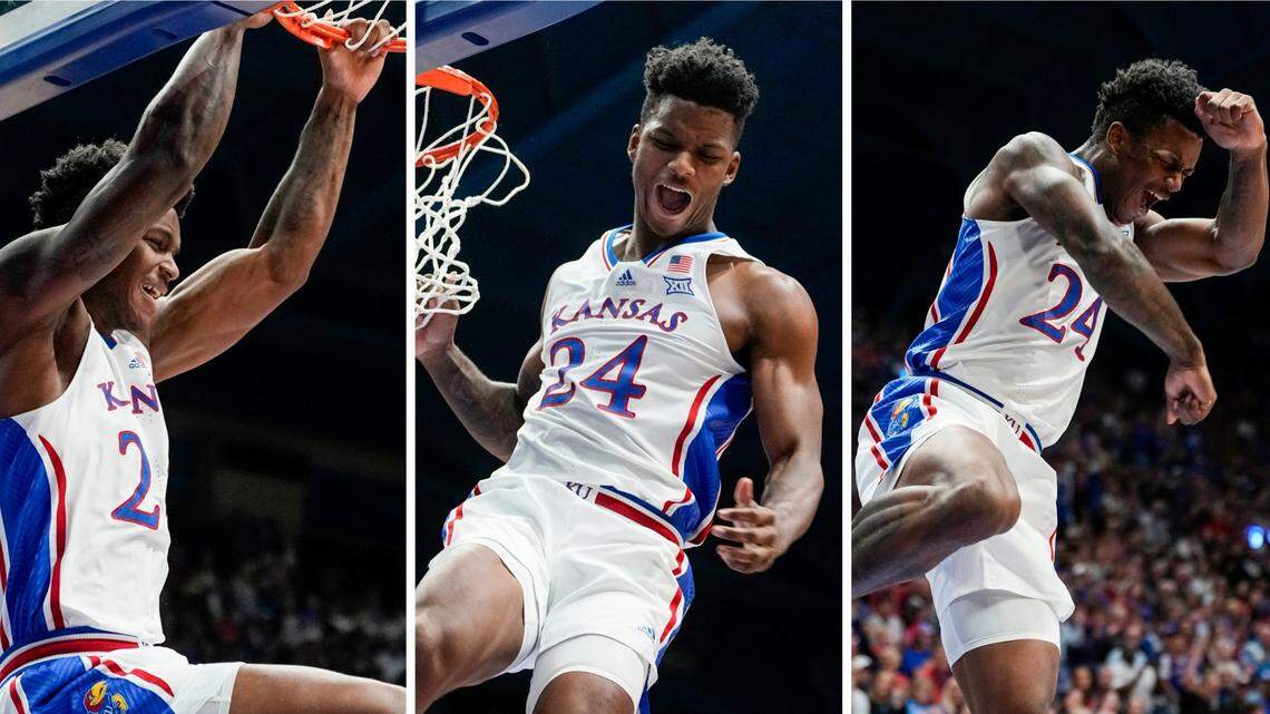 Kansas Jayhawks forward K.J. Adams throws down a dunk during the first half of Friday night’s game against the Manhattan Jaspers at Allen Fieldhouse. It was that kind of night for KU.