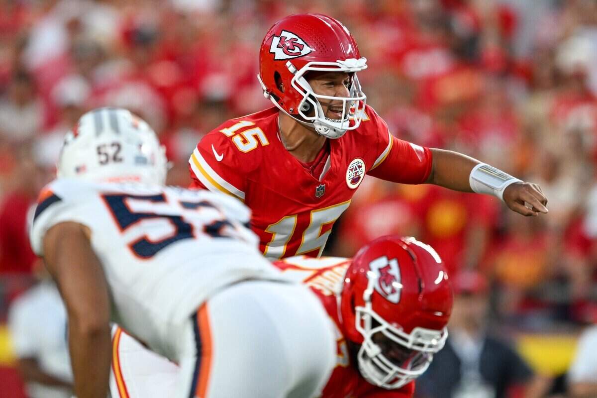 Kansas City Chiefs quarterback Patrick Mahomes (15) in the Kansas City Chiefs vs. Denver Broncos NFL season opener at Arrowhead Stadium in Kansas City on Sept. 14, 2026.