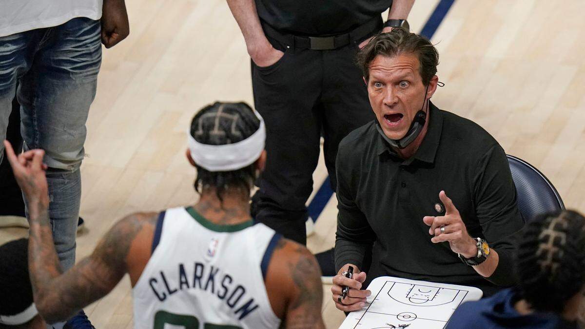 Utah Jazz coach Quin Snyder speaks with guard Jordan Clarkson during a timeout in the second half of a game against the San Antonio Spurs on Wednesday, May 5, 2021, in Salt Lake City.