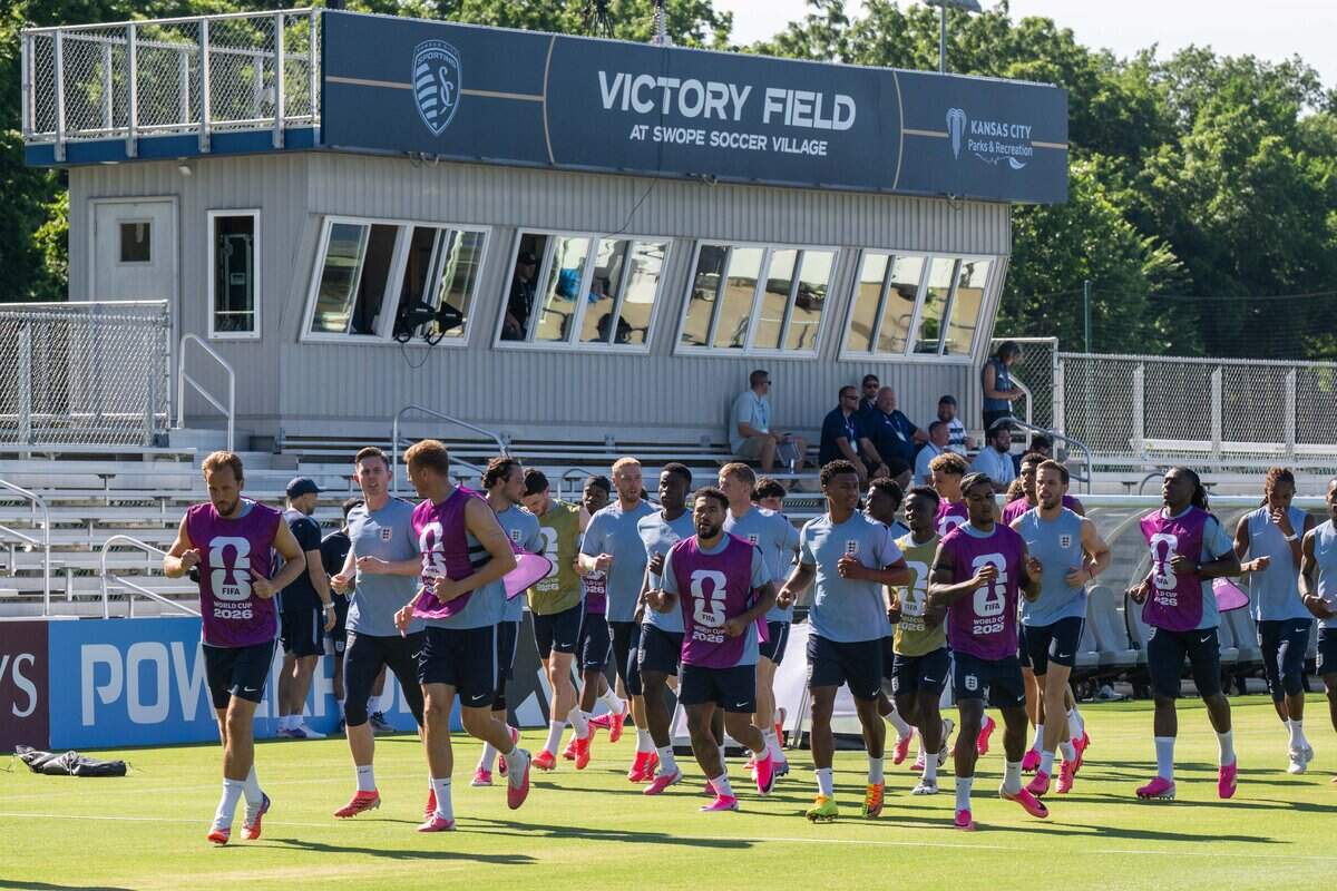 England's soccer team jogs on Victory Field at Swope Soccer Village, on Saturday, June 13, 2026, in Kansas City. The team will call Prairie Village home during the World Cup.