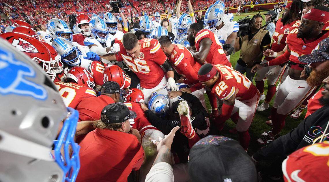 Detroit Lions safety Brian Branch and Chiefs wide receiver Juju Smith-Schuster were at the center of a melee immediately following an NFL Week 6 game at GEHA Field at Arrowhead Stadium in Kansas City on Sunday, Oct. 23, 2025.